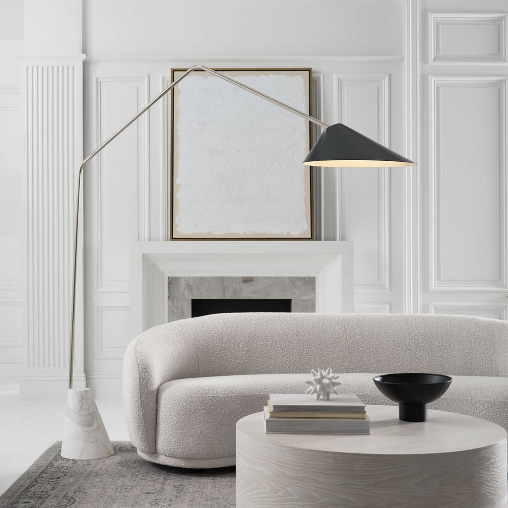 Lorna Extra Large Arc Floor Lamp | Polished Nickel | Black Shade