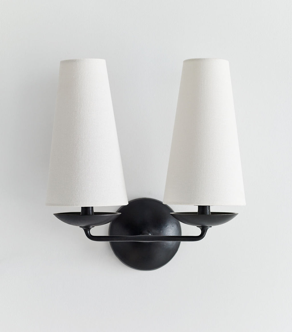 Fontaine Double Sconce | Aged Iron | Linen Shades