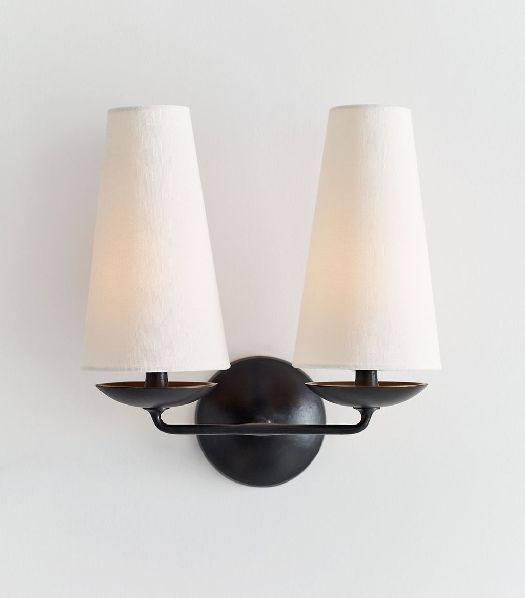 Fontaine Double Sconce | Aged Iron | Linen Shades
