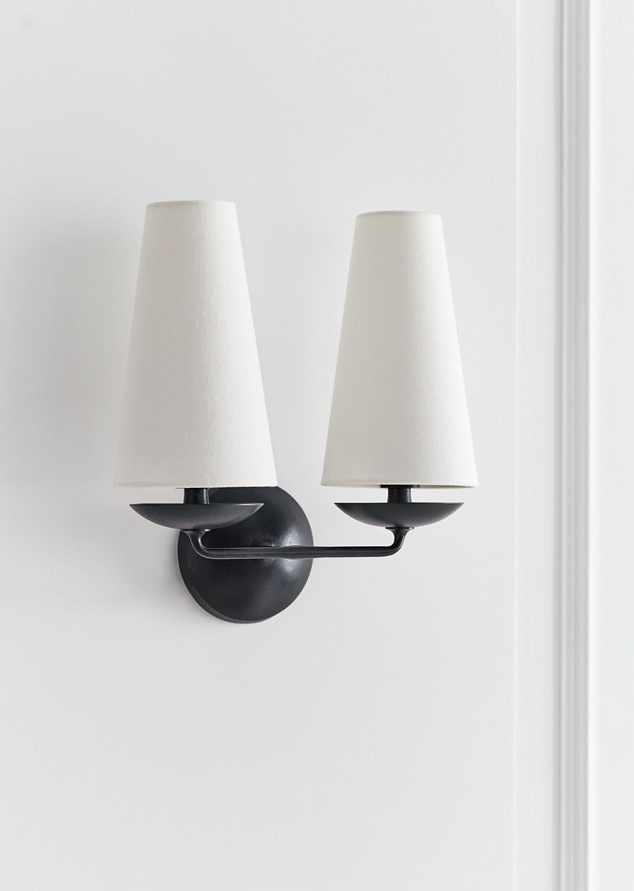 Fontaine Double Sconce | Aged Iron | Linen Shades