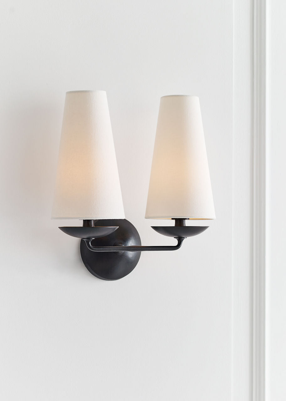 Fontaine Double Sconce | Aged Iron | Linen Shades