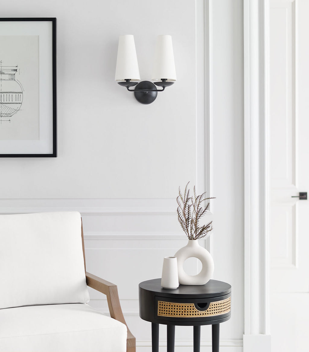 Fontaine Double Sconce | Aged Iron | Linen Shades
