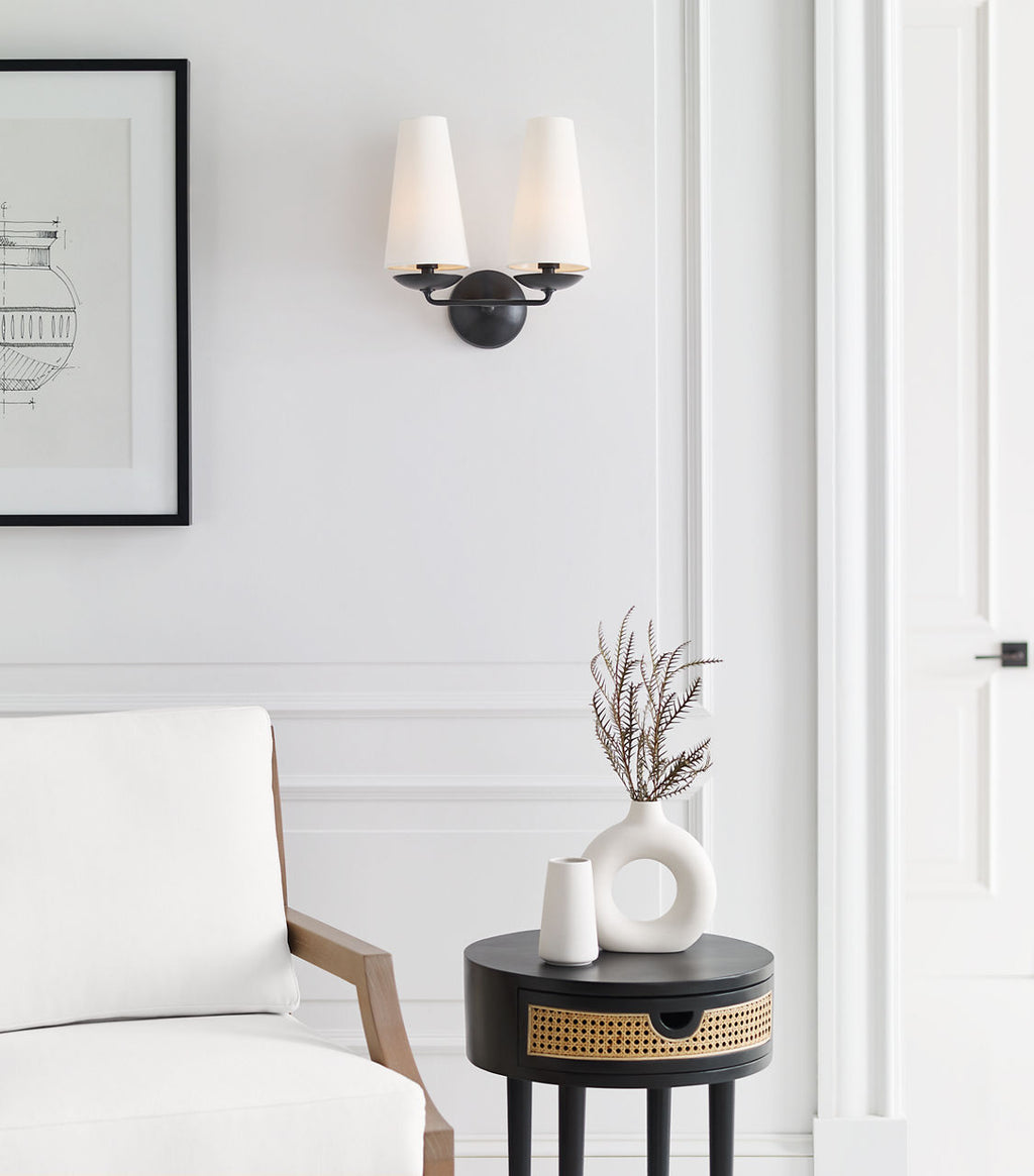 Fontaine Double Sconce | Aged Iron | Linen Shades