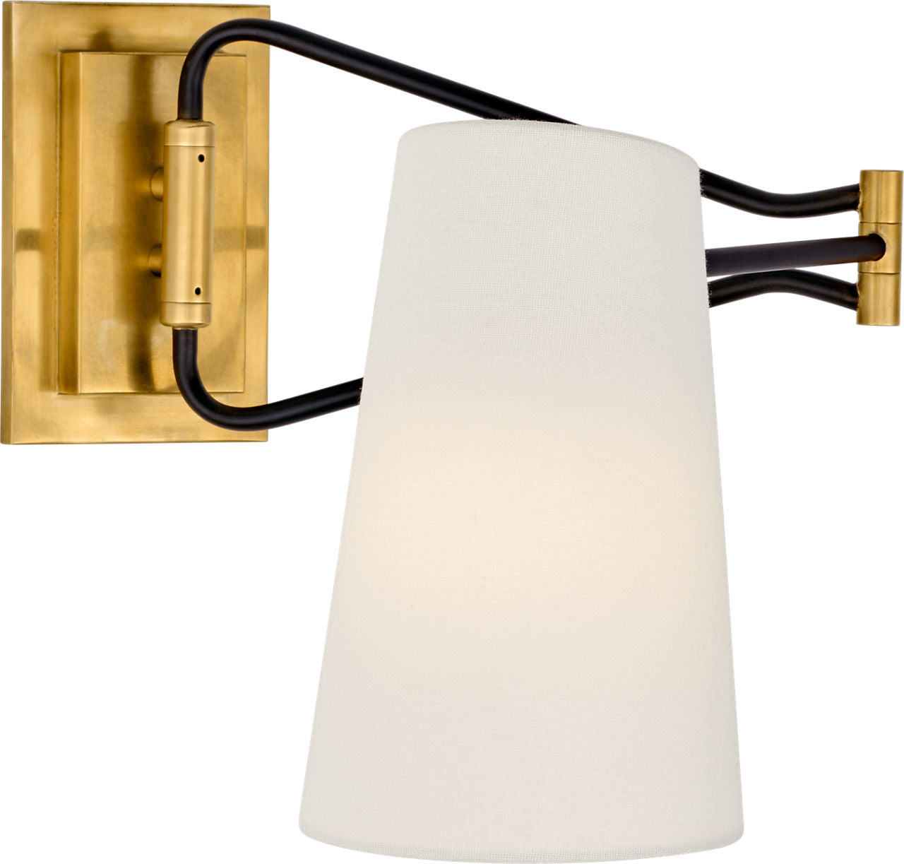 Keil Swing Arm Wall Light | Hand-Rubbed Antique Brass and Black | Linen Shade