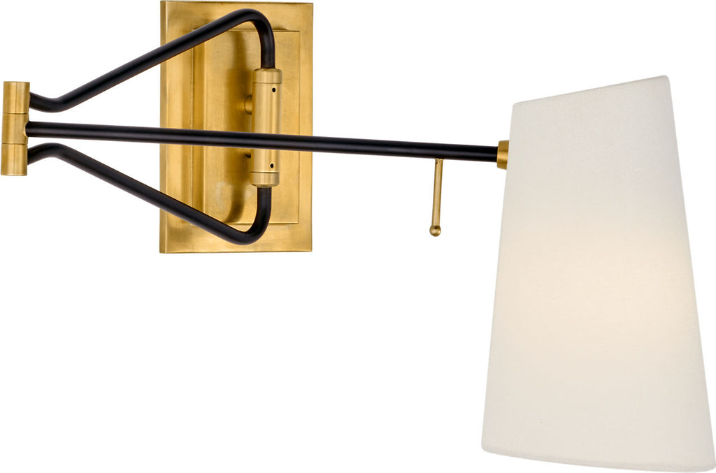 Keil Swing Arm Wall Light | Hand-Rubbed Antique Brass and Black | Linen Shade