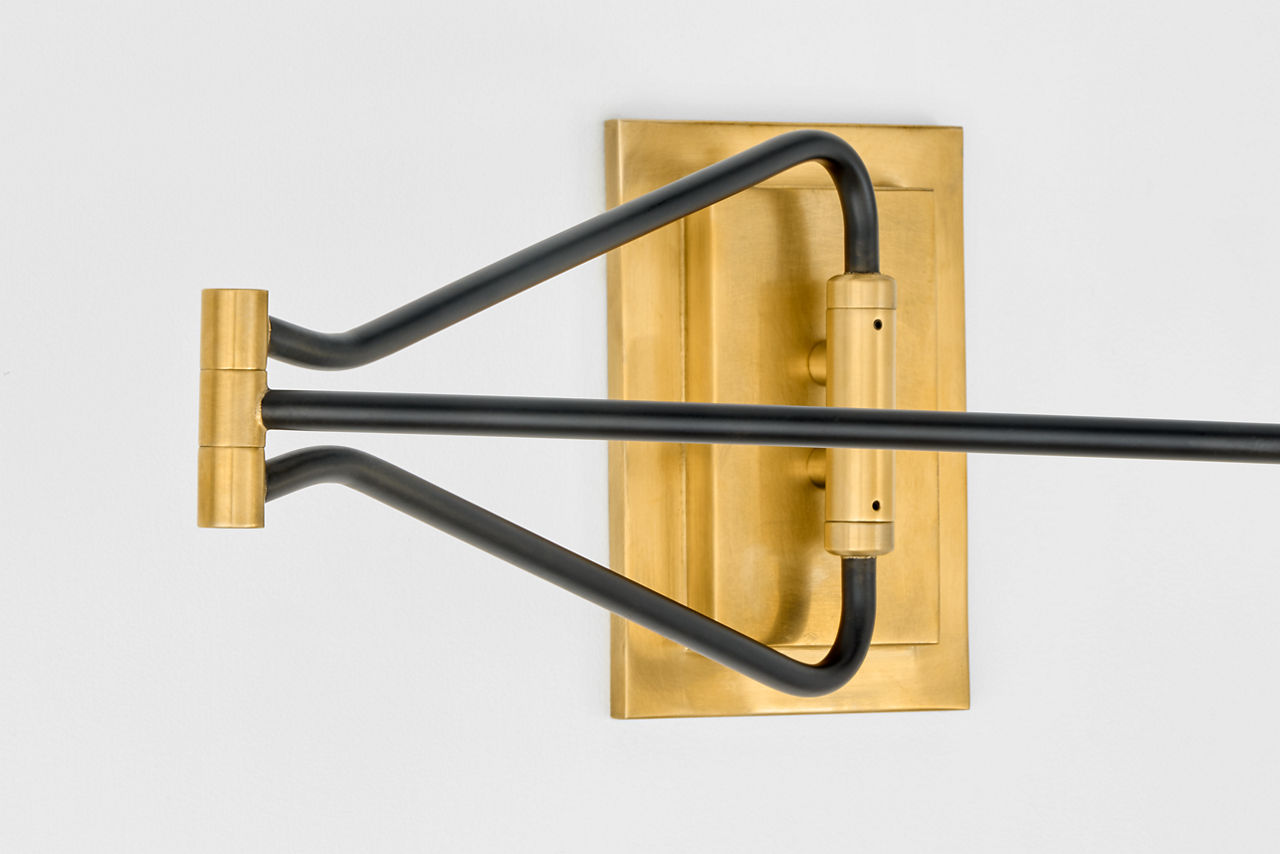 Keil Swing Arm Wall Light | Hand-Rubbed Antique Brass and Black | Linen Shade