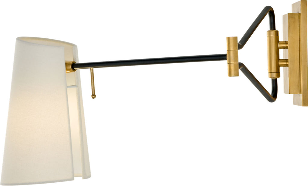 Keil Swing Arm Wall Light | Hand-Rubbed Antique Brass and Black | Linen Shade