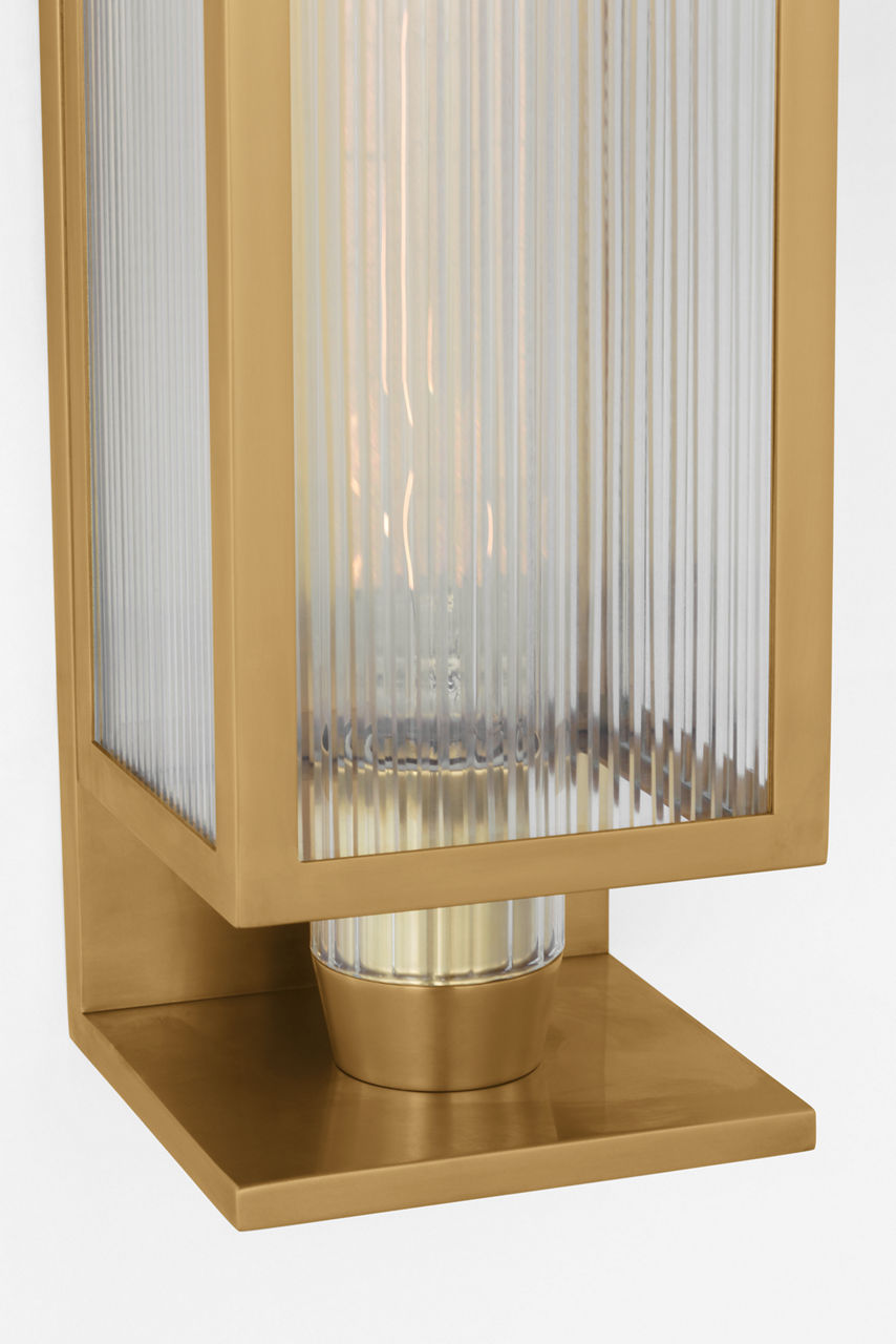 York 16" Single Box Outdoor Sconce | Soft Brass | Clear Ribbed Glass