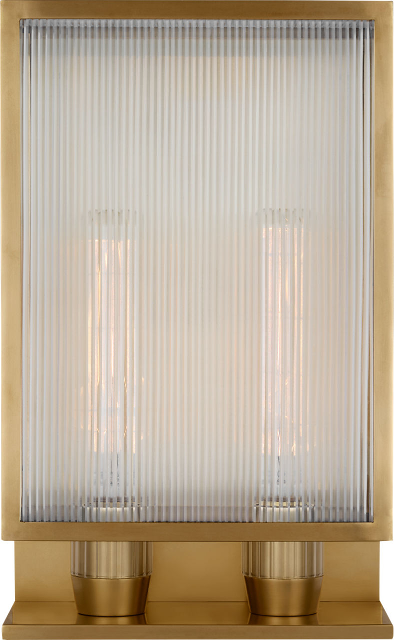 York 16" Double Box Outdoor Sconce | Soft Brass | Clear Ribbed Glass