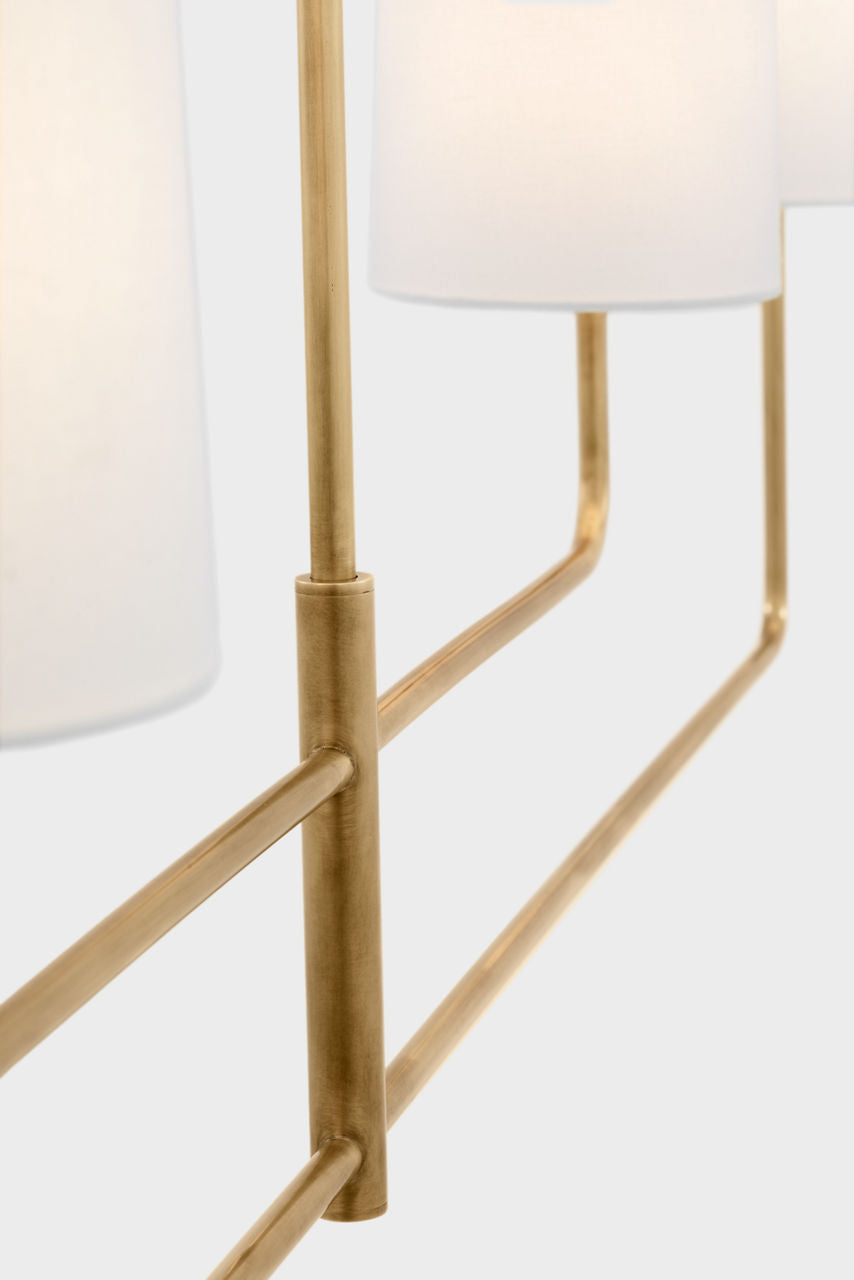 Go Lightly 70" Four Light Linear Chandelier | Soft Brass | Linen Shades