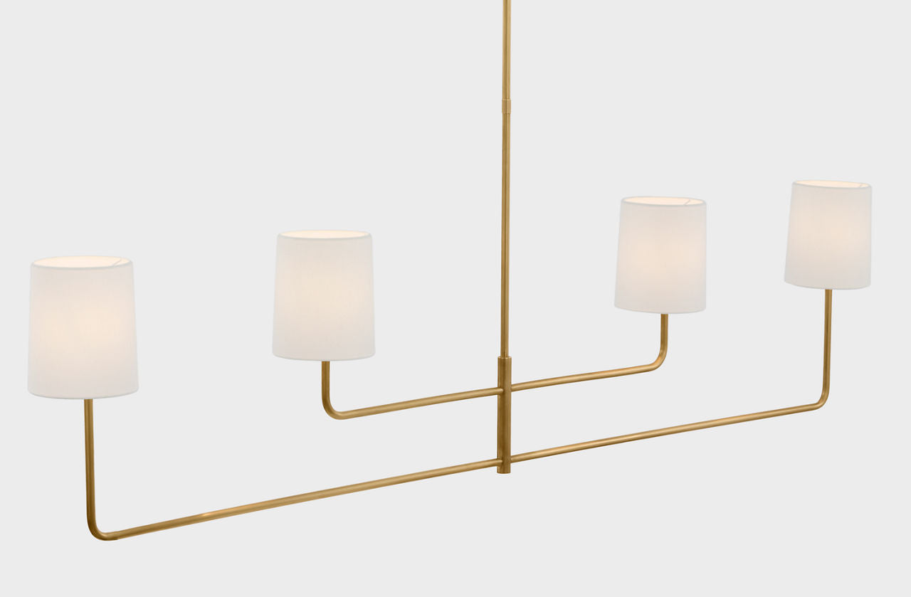 Go Lightly 70" Four Light Linear Chandelier | Soft Brass | Linen Shades