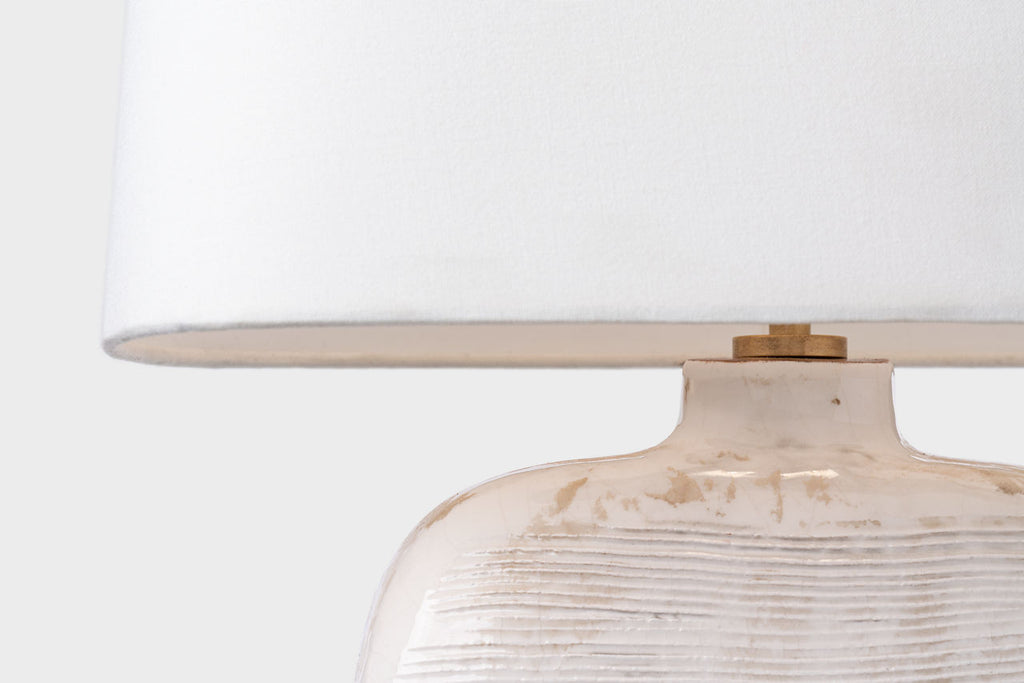 Pemba Medium Combed Table Lamp | Glossy White Crackle | Linen Shade