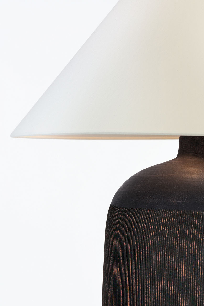 Portis 32" Combed Round Table Lamp | Black Wash Terracotta | Linen Shade