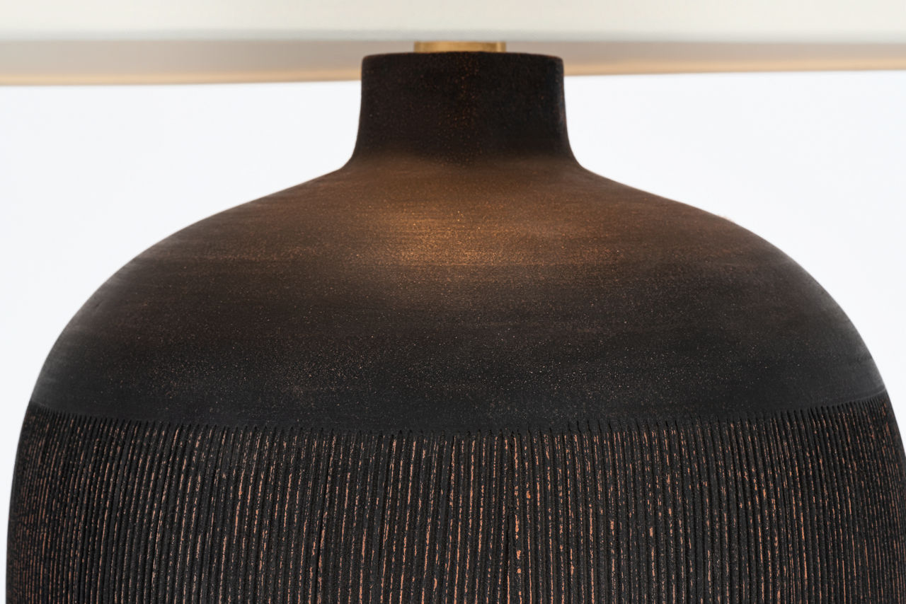 Portis 32" Combed Round Table Lamp | Black Wash Terracotta | Linen Shade