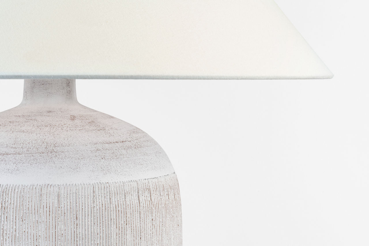 Portis 32" Combed Round Table Lamp | White Washed Terracotta | Linen Shade