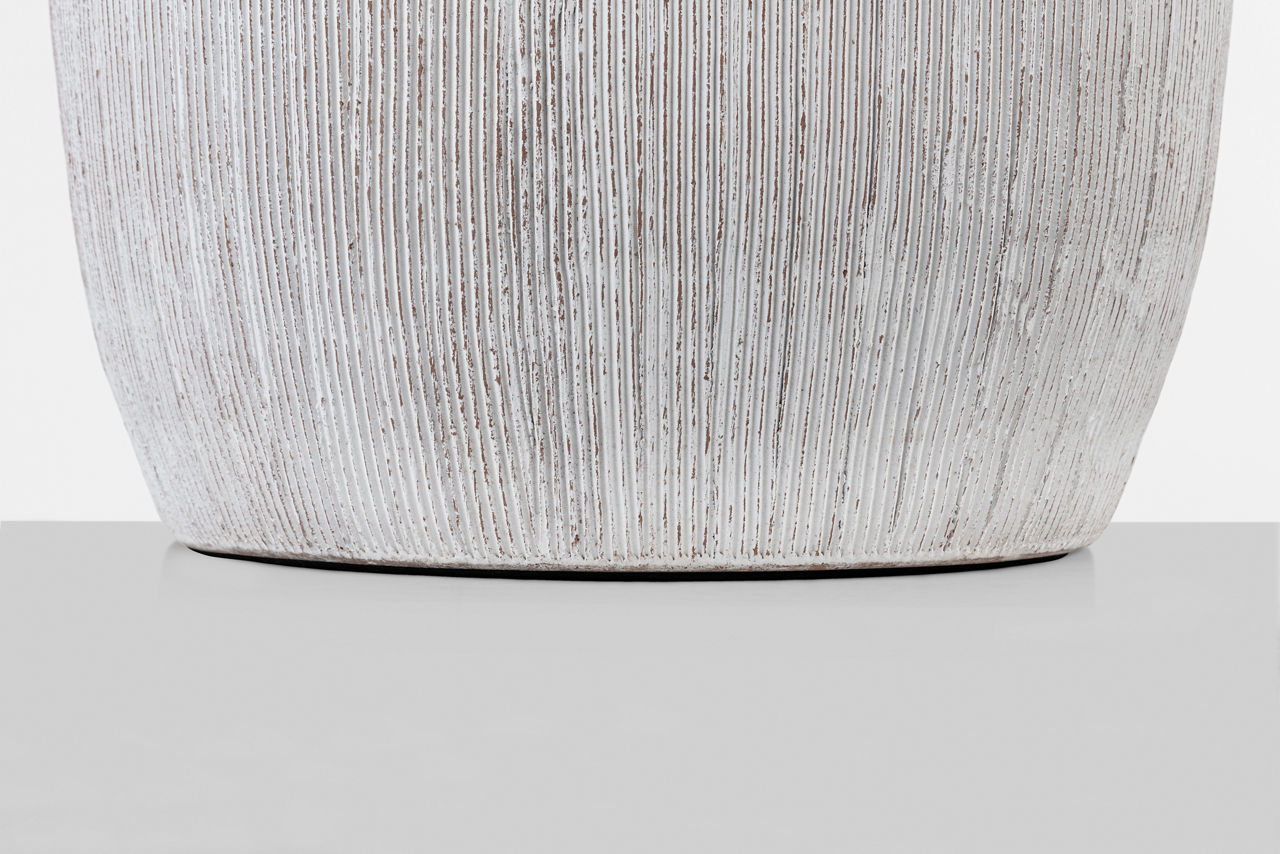 Portis 32" Combed Round Table Lamp | White Washed Terracotta | Linen Shade