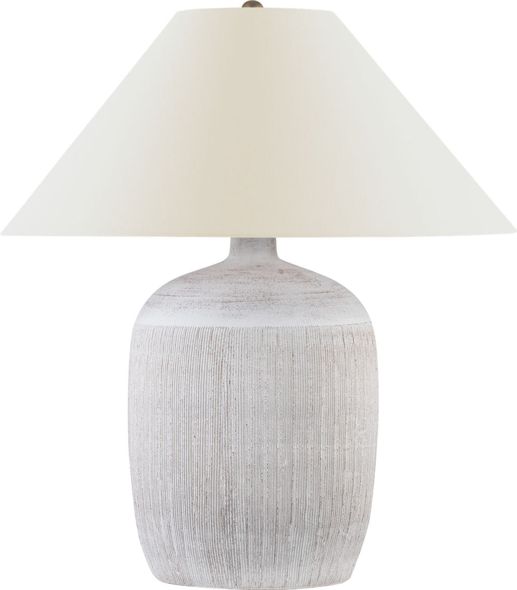 Portis 32" Combed Round Table Lamp | White Washed Terracotta | Linen Shade