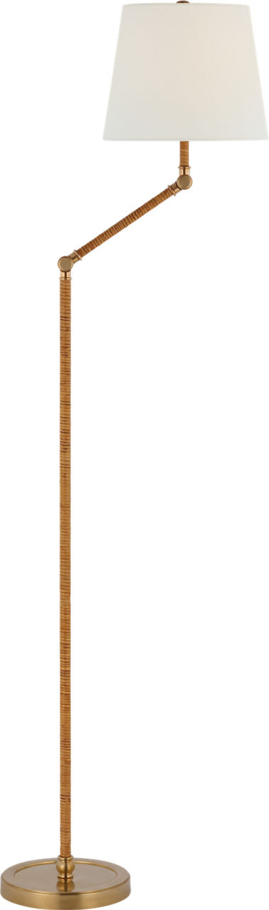Basden Bridge Arm Floor Lamp | Antique-Burnished Brass and Natural Rattan | Linen Shade