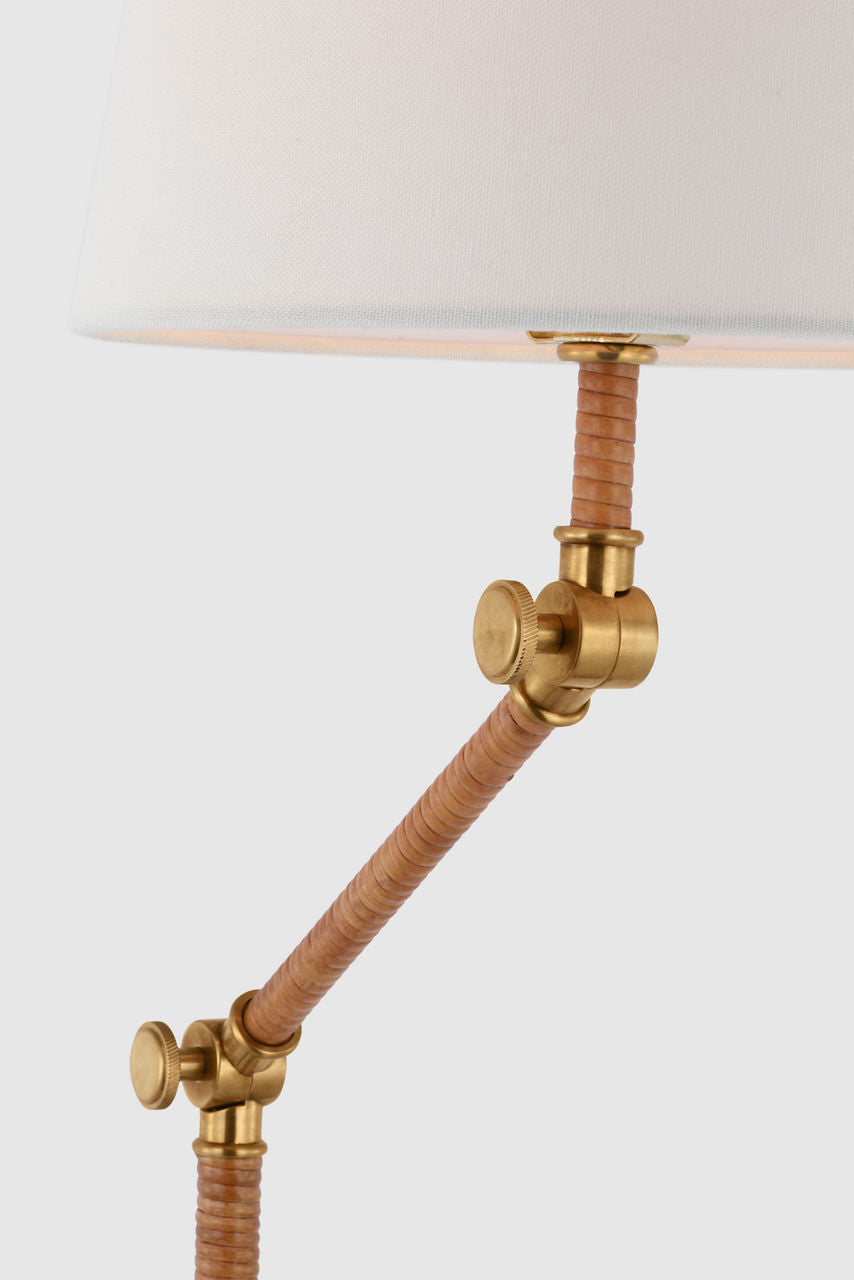 Basden Bridge Arm Floor Lamp | Antique-Burnished Brass and Natural Rattan | Linen Shade