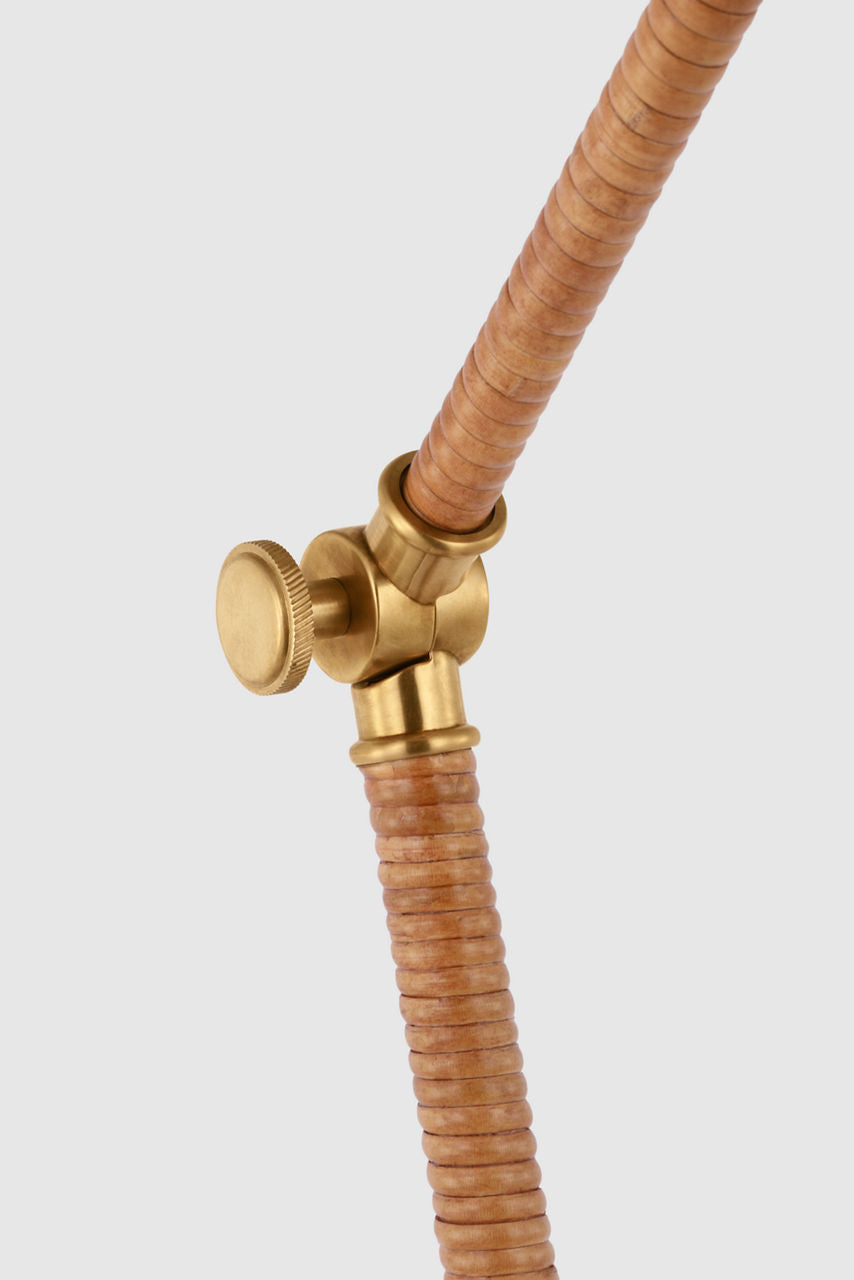 Basden Bridge Arm Floor Lamp | Antique-Burnished Brass and Natural Rattan | Linen Shade