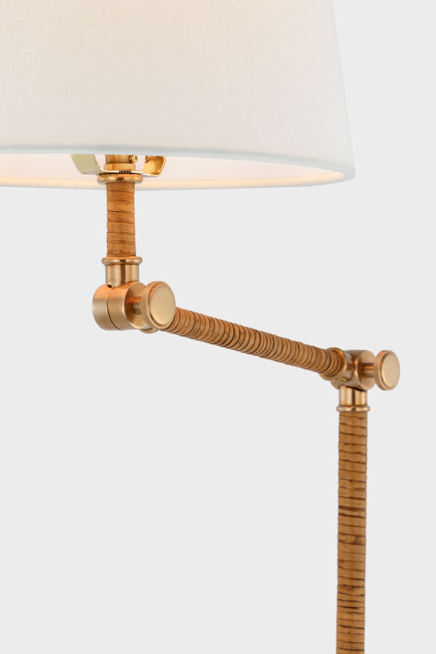 Basden Bridge Arm Floor Lamp | Antique-Burnished Brass and Natural Rattan | Linen Shade