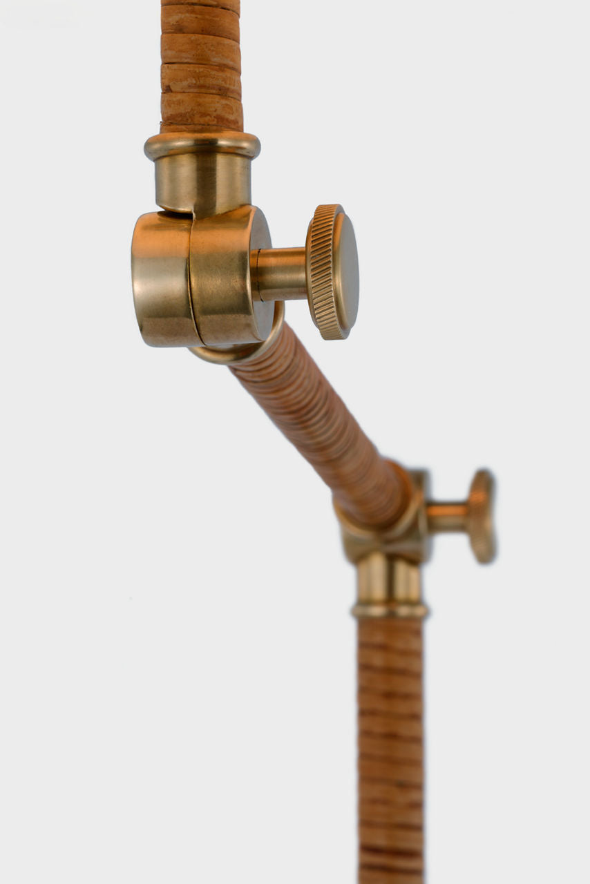 Basden Bridge Arm Floor Lamp | Antique-Burnished Brass and Natural Rattan | Linen Shade