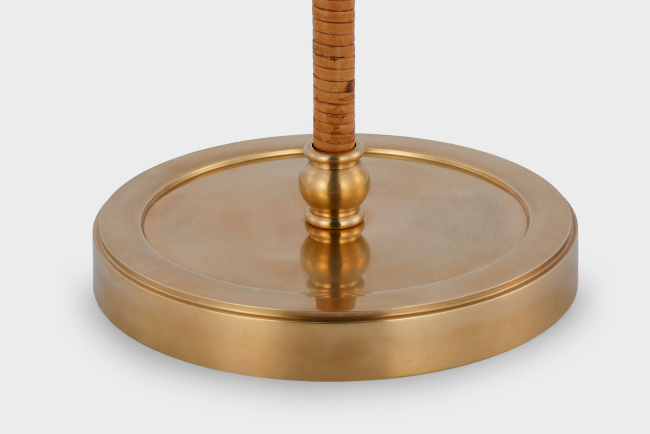 Basden Bridge Arm Floor Lamp | Antique-Burnished Brass and Natural Rattan | Linen Shade