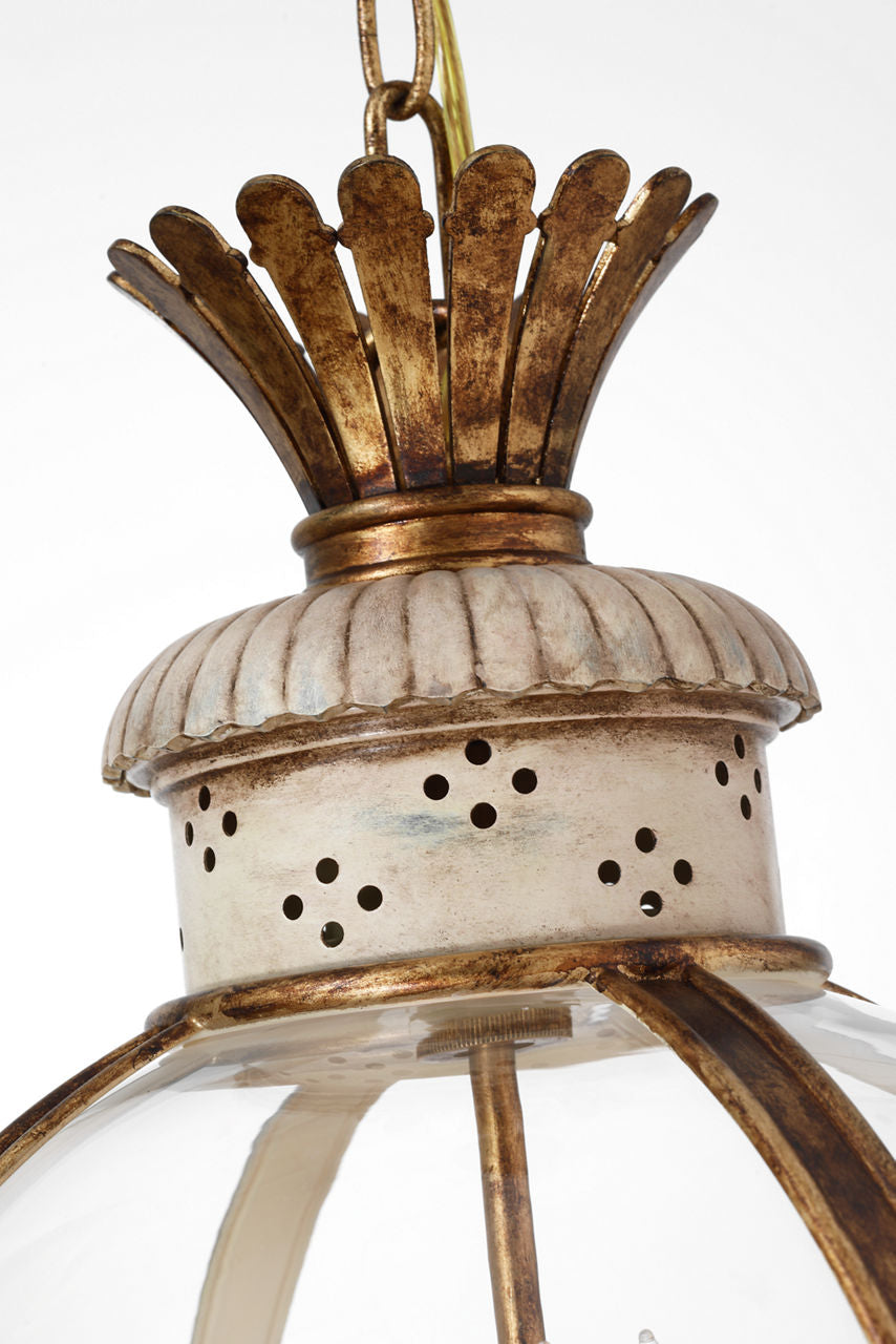 Crown Top Banded Globe Lantern | Antique White | Clear Glass