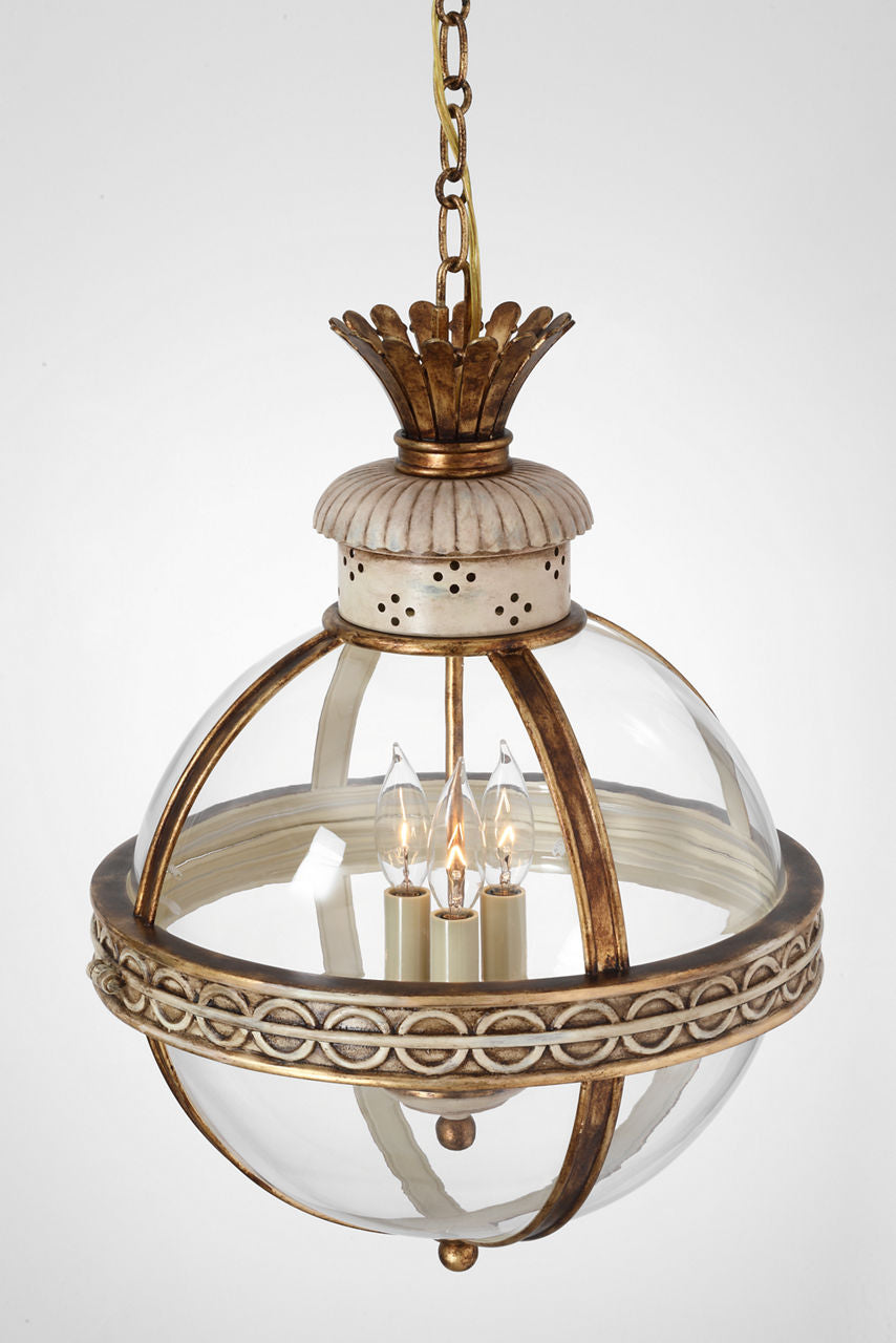 Crown Top Banded Globe Lantern | Antique White | Clear Glass