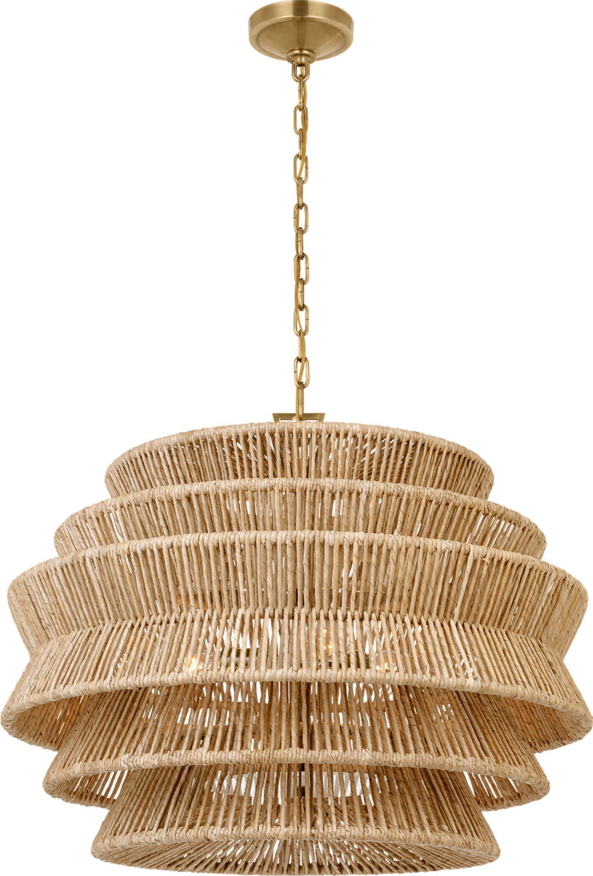 Antigua Medium Drum Chandelier | Antique-Burnished Brass and Natural Abaca