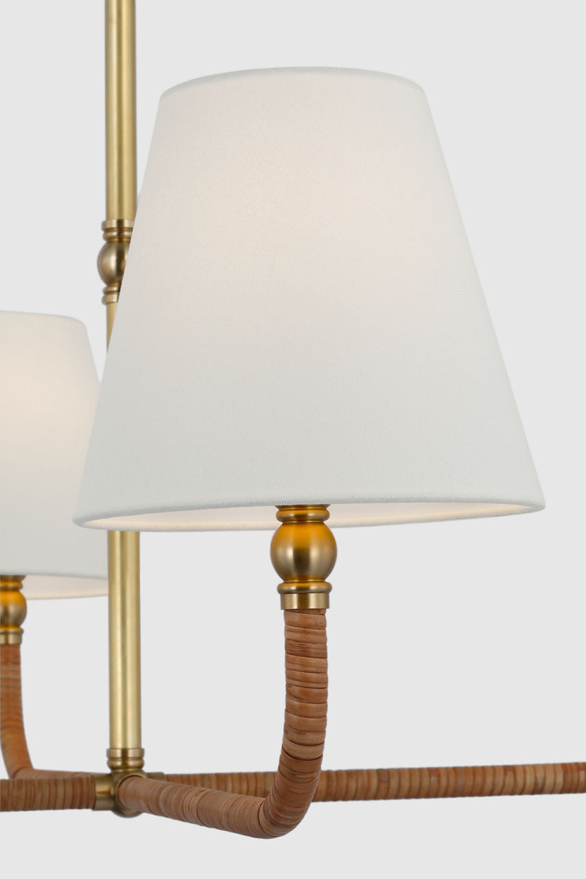Basden Medium Single Tier Chandelier | Antique-Burnished Brass and Natural Rattan | Linen Shades