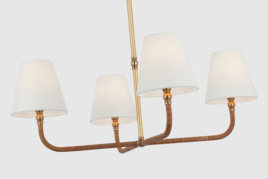 Basden Medium Single Tier Chandelier | Antique-Burnished Brass and Natural Rattan | Linen Shades