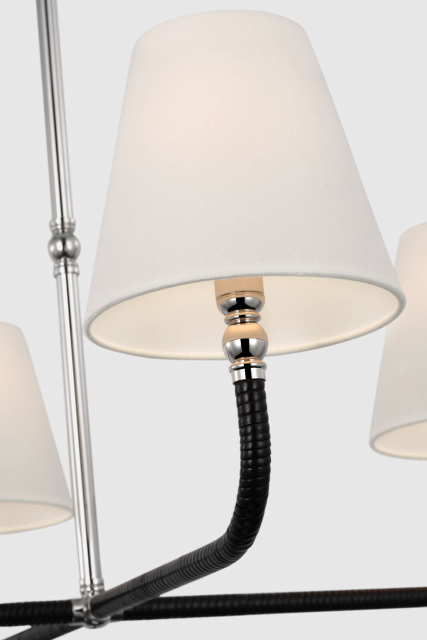 Basden Medium Single Tier Chandelier | Polished Nickel and Black Rattan | Linen Shades