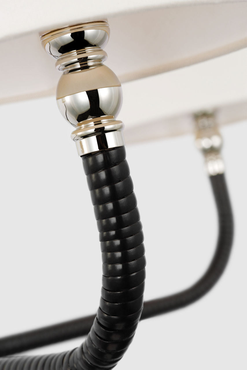 Basden Medium Single Tier Chandelier | Polished Nickel and Black Rattan | Linen Shades