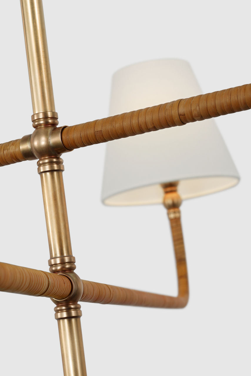Basden Grande Three Tier Chandelier | Antique-Burnished Brass and Natural Rattan | Linen Shades