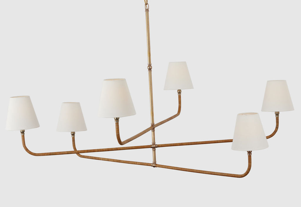 Basden Grande Three Tier Chandelier | Antique-Burnished Brass and Natural Rattan | Linen Shades