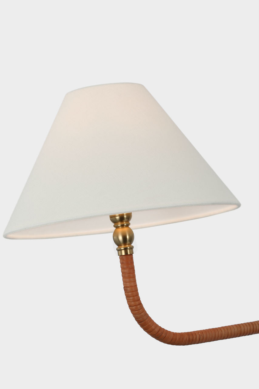Basden Extra Large Linear Chandelier | Antique-Burnished Brass and Natural Rattan | Linen Shades