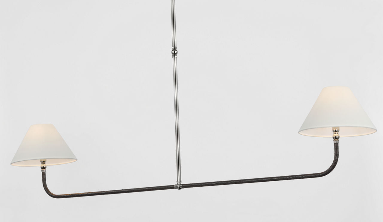 Basden Extra Large Linear Chandelier | Polished Nickel and Black Rattan | Linen Shades