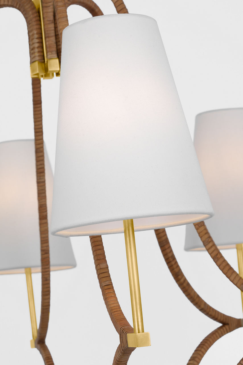Biscayne Large Wrapped Chandelier | Antique-Burnished Brass and Natural Rattan | Linen Shades