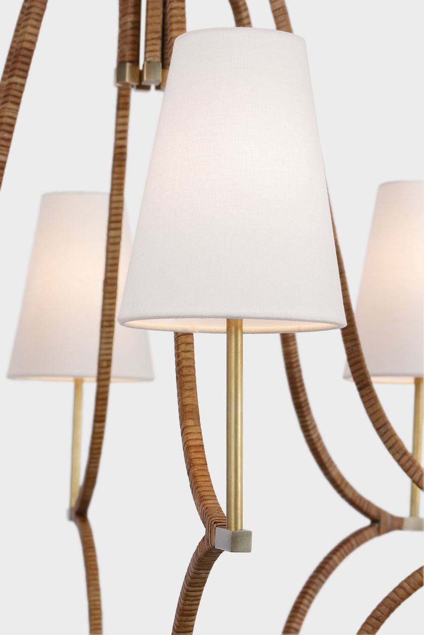 Biscayne Large Wrapped Chandelier | Antique-Burnished Brass and Natural Rattan | Linen Shades