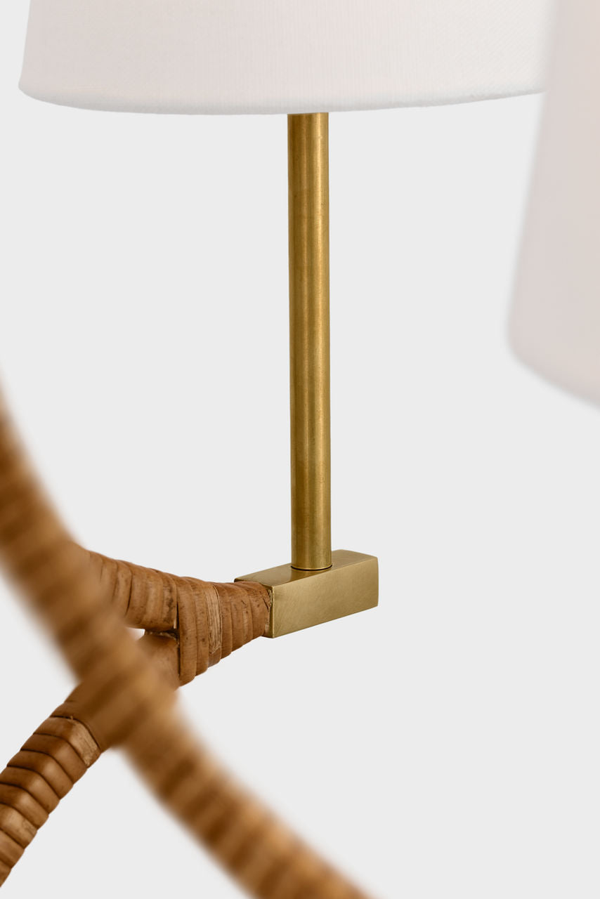 Biscayne Large Wrapped Chandelier | Antique-Burnished Brass and Natural Rattan | Linen Shades