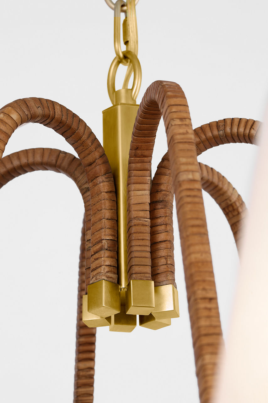 Biscayne Large Wrapped Chandelier | Antique-Burnished Brass and Natural Rattan | Linen Shades