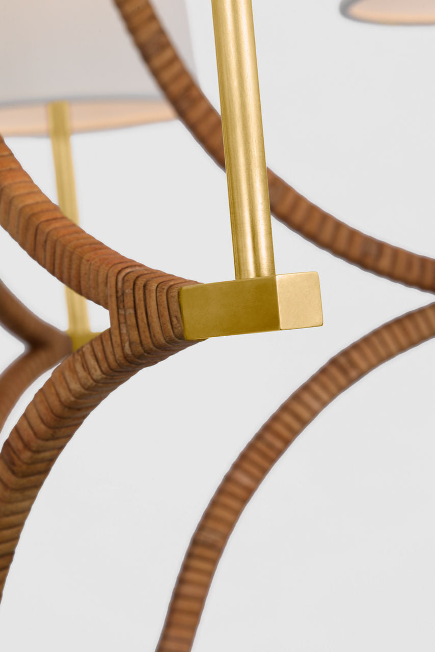 Biscayne Large Wrapped Chandelier | Antique-Burnished Brass and Natural Rattan | Linen Shades