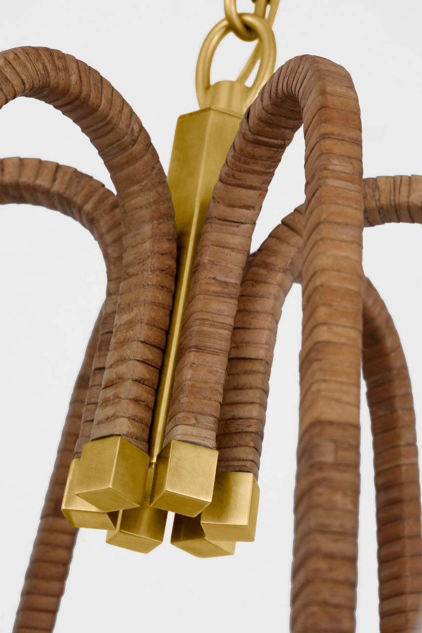 Biscayne Large Wrapped Chandelier | Antique-Burnished Brass and Natural Rattan | Linen Shades