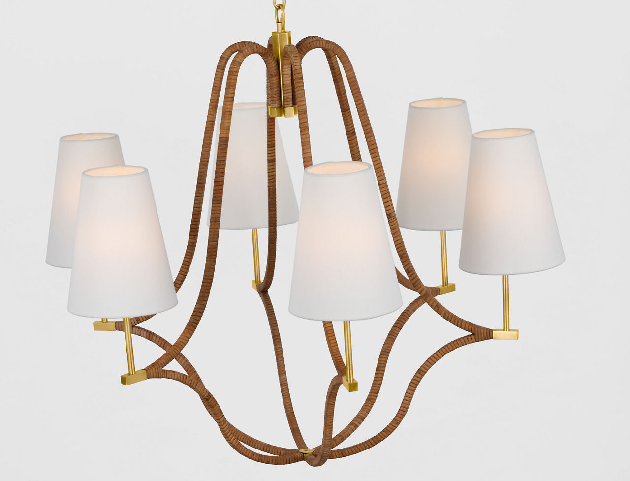Biscayne Large Wrapped Chandelier | Antique-Burnished Brass and Natural Rattan | Linen Shades