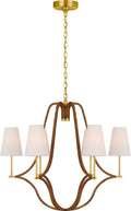 Biscayne Large Wrapped Chandelier | Antique-Burnished Brass and Natural Rattan | Linen Shades