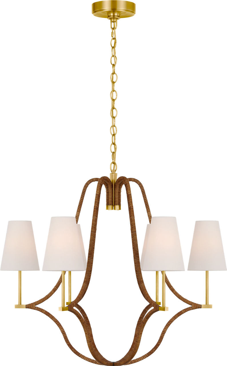 Biscayne Large Wrapped Chandelier | Antique-Burnished Brass and Natural Rattan | Linen Shades