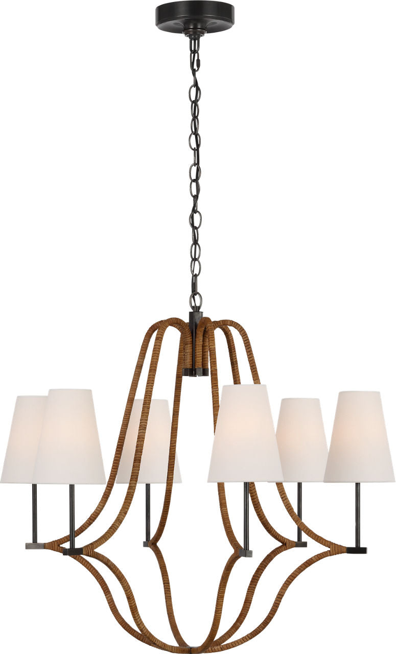 Biscayne Large Wrapped Chandelier | Bronze and Natural Rattan | Linen Shades
