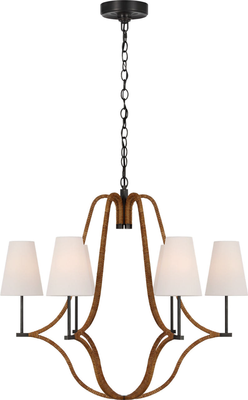 Biscayne Large Wrapped Chandelier | Bronze and Natural Rattan | Linen Shades
