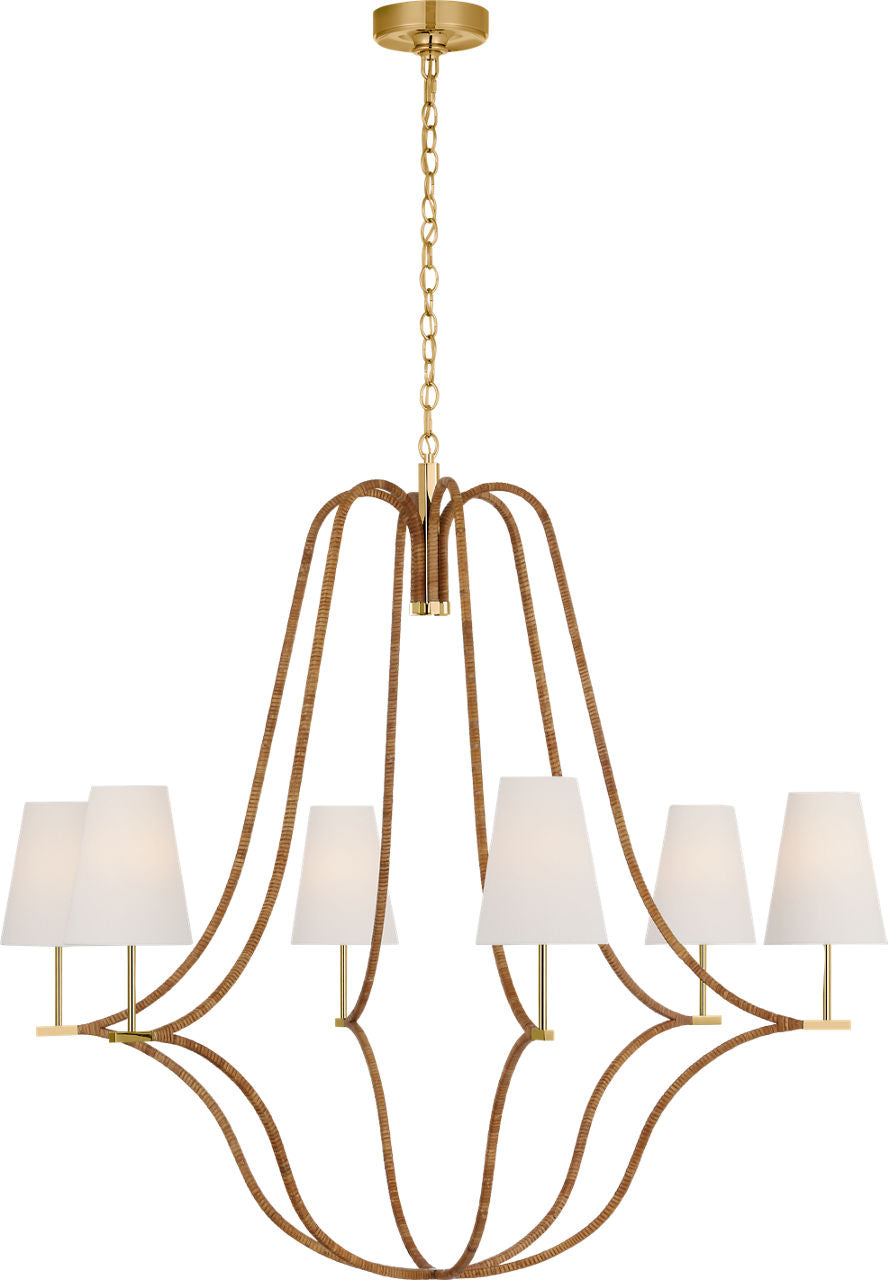 Biscayne Extra Large Wrapped Chandelier | Antique-Burnished Brass and Natural Rattan | Linen Shades